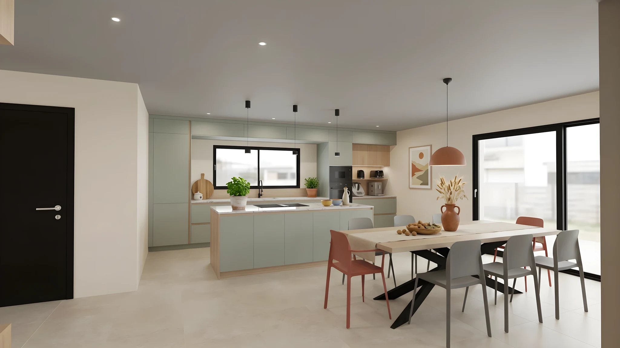 La même cuisine, avec plantes, vase, corbeille de fruits et tableau posés sur les surfaces libres