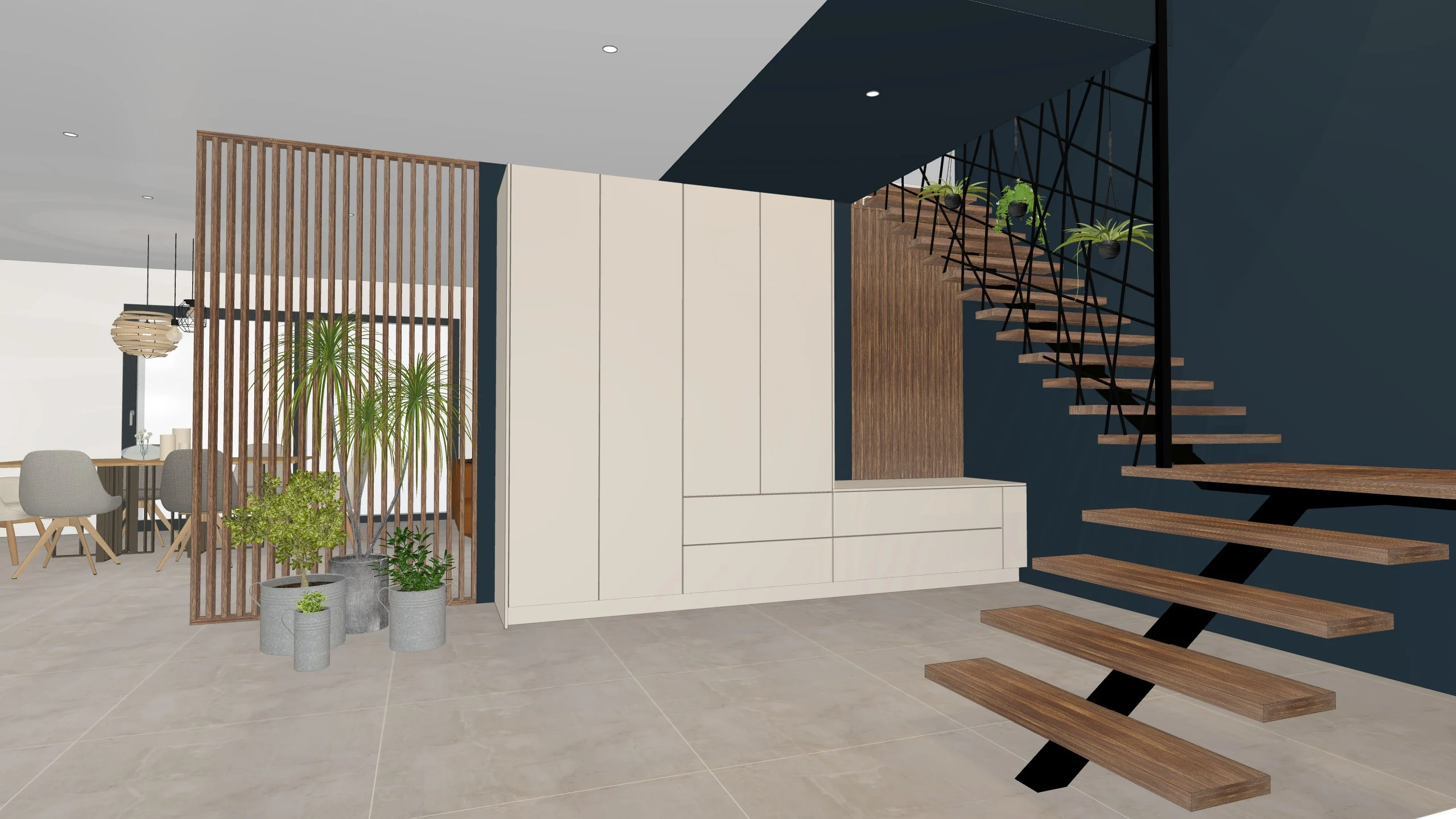 Entrée avec claustra en bois, penderies blanches et escalier suspendu : la capture du logiciel 3D